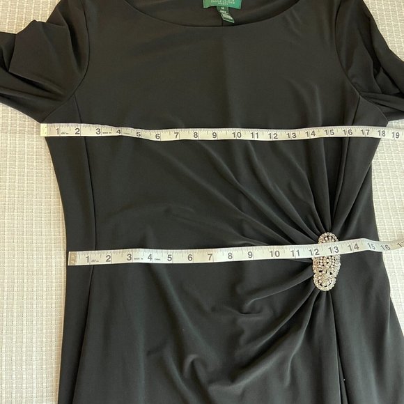 Lauren Ralph Lauren Dress 14 Black Sheath Ruched Broach Long Sleeve Flattering - Picture 6 of 9